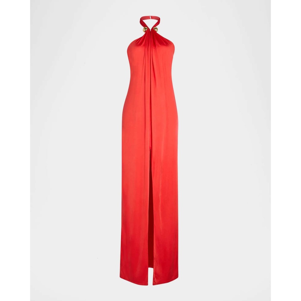 NWT Retrofete Becs Halter Maxi‎ Dress Draped Front Slit Open Back Viscose S READ